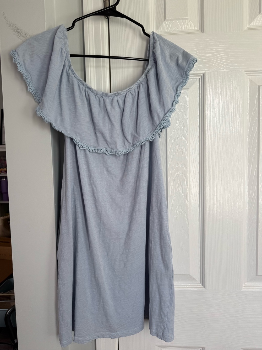 Light Blue Off-Shoulder Ruffle Dress with Crochet Trim